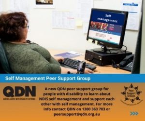 A woman sitting at a desk looking at a computer screen. The text below says Self Management Peer Support Group