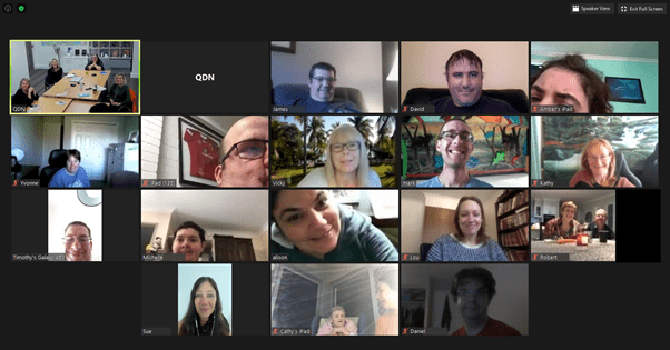 A photo of a zoom call with a different person in each webcam rectangle box.