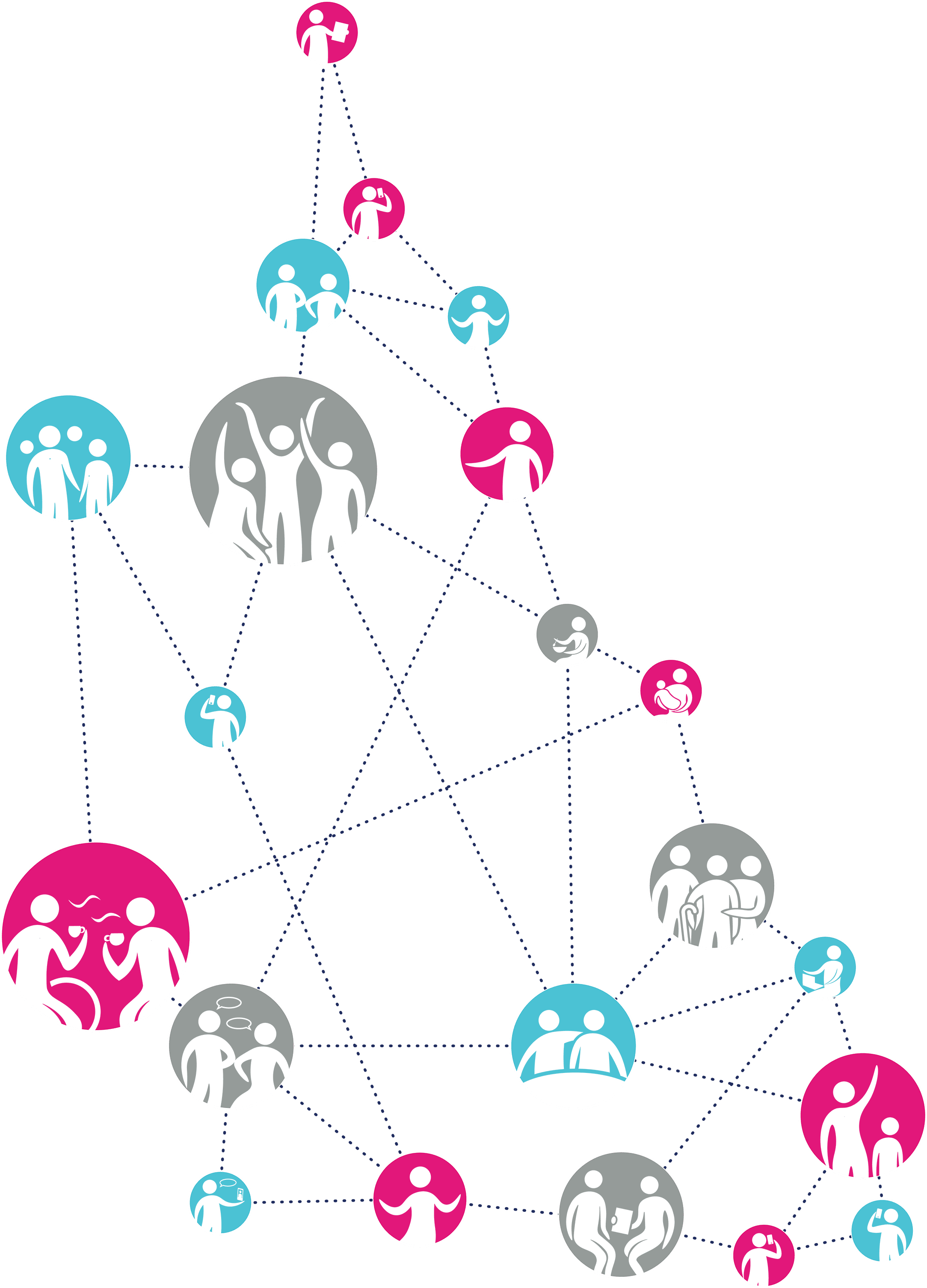 Many pink, grey and blue circles of different sizes with white people in them. The graphics are of multiple people talking or groups of people meeting or single people welcoming someone into a group. There are grey dotted paths connected all the circles and the whole image makes the shape of Queensland.