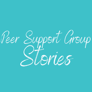 An aqua background with white text saying Peer Support Group stories