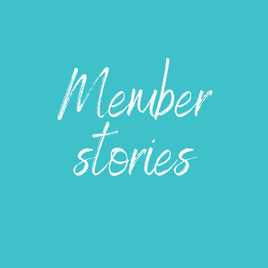 Aqua background with the text Member Stories