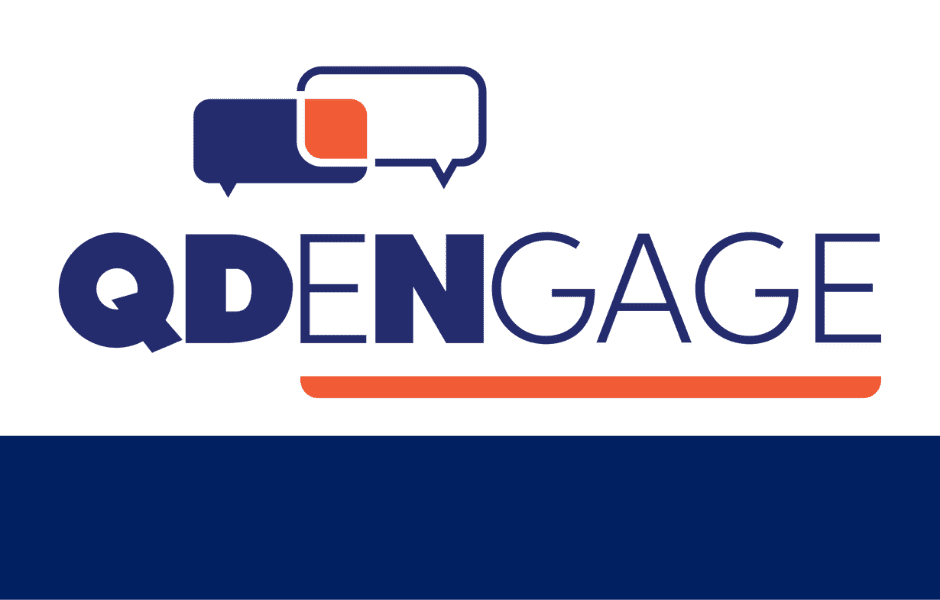 There is a blue and an orange speach bubble above the text QDENGAGE and then an orange line under ENGAGE