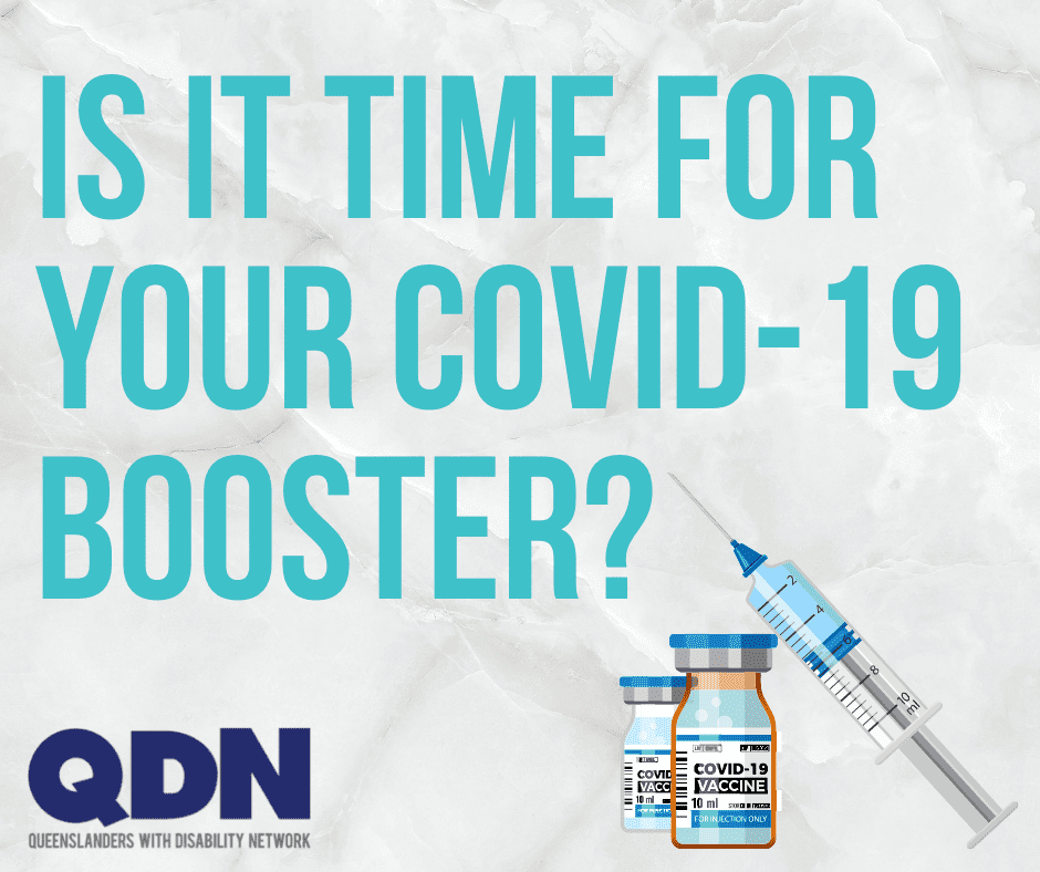 Is it time for your COVID-19 Booster? There is a QDN logo in the bottom left and an image of a vaccination needle in the bottom right. 