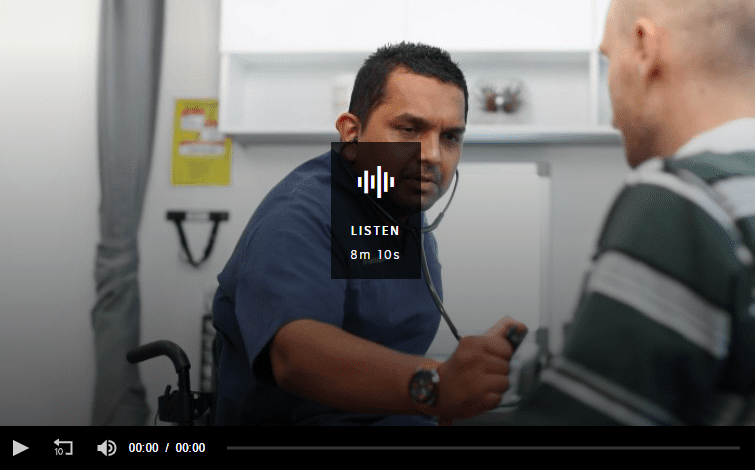 a screen shot of a ABC interview, there is an image of a man taking the blood pressure of another man and in the middle the is a symbol of sound and then the word Listen and 8m 10s