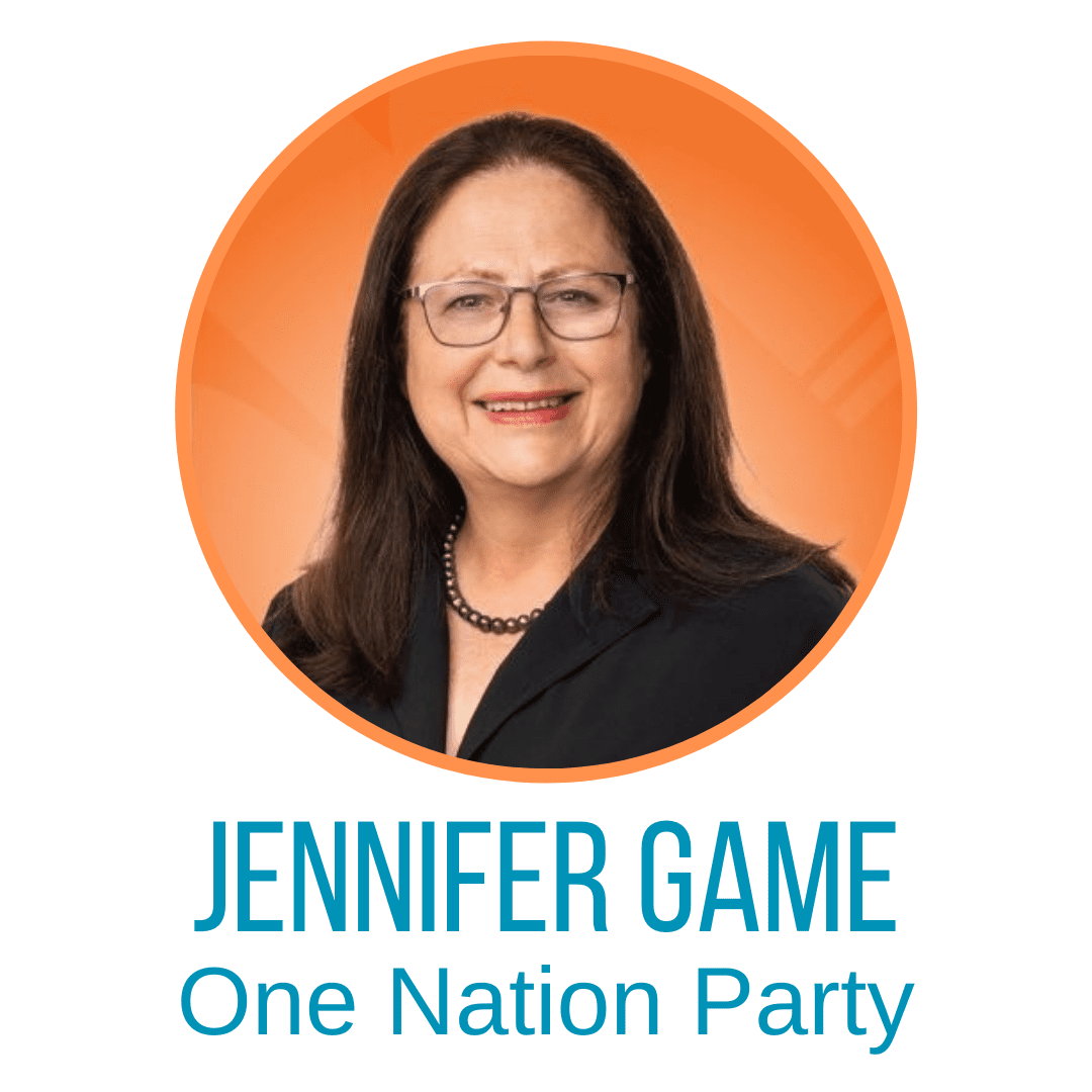 A photo of a woman with dark brown hear and wearing glasses and below it says Jennifer Game, One Nation Party.