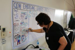 A woman with short dark hair writing on a large piece of paper stuck up on the wall. She is facing away from the camera, the words 'QDN Emerging Leaders 2022' are written at the top of the paper.